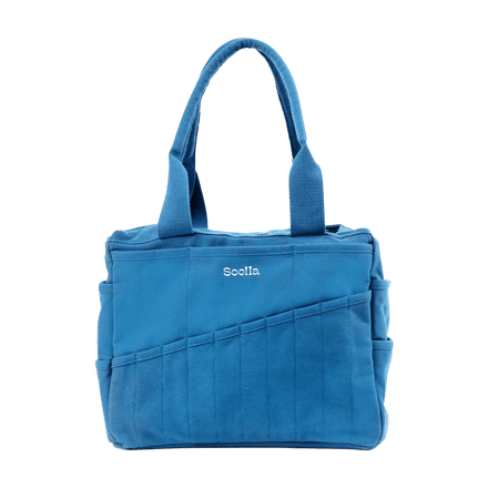 Front view of Soolla Studio Bag in Blueberry Bliss, a pottery tool bag and artist bag