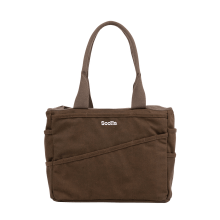 Front view of Soolla Studio Bag in Coffee Bean, a pottery tool bag and artist bag