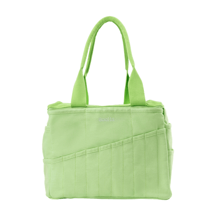 Front view of Soolla Studio Bag in Lime Drip, a pottery tool bag and artist bag