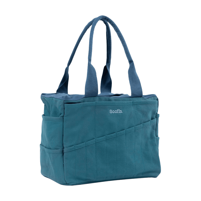 Left side view of Soolla Studio Bag in Aquamarine, a pottery tool bag and artist bag