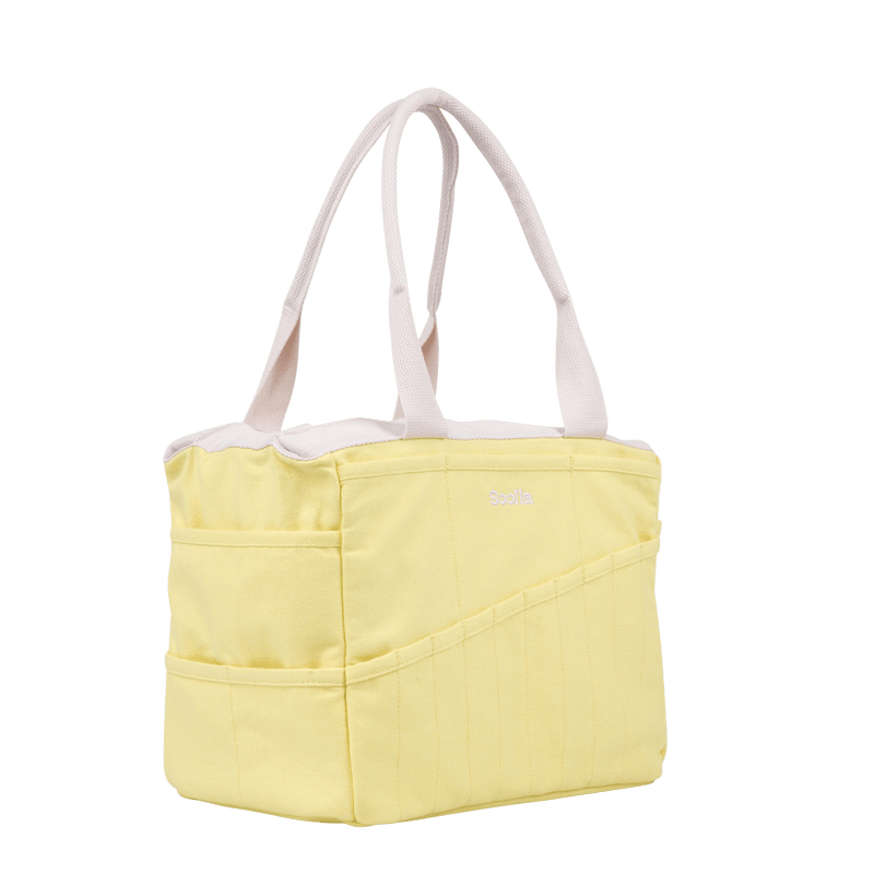 Left side view of Soolla Studio Bag in Banana Peel, a pottery tool bag and artist bag