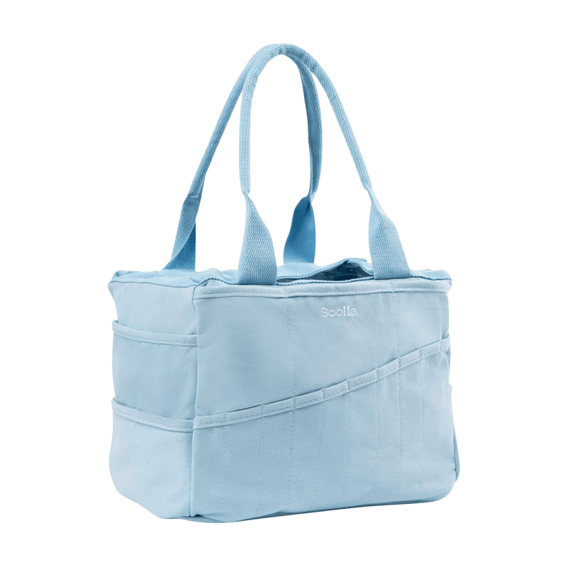 Left side view of Soolla Studio Bag in Blue Skies, a pottery tool bag and artist bag