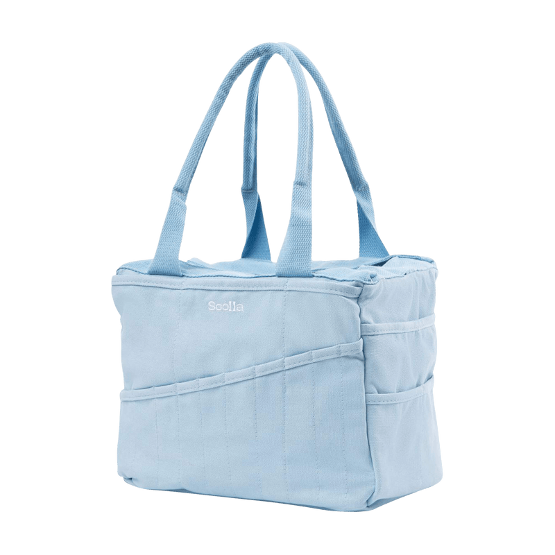 Right side view of Soolla Studio Bag in Blue Skies, a pottery tool bag and artist bag