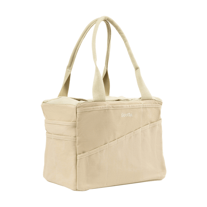 Left side view of Soolla Studio Bag in Boho Beige, a pottery tool bag and artist bag