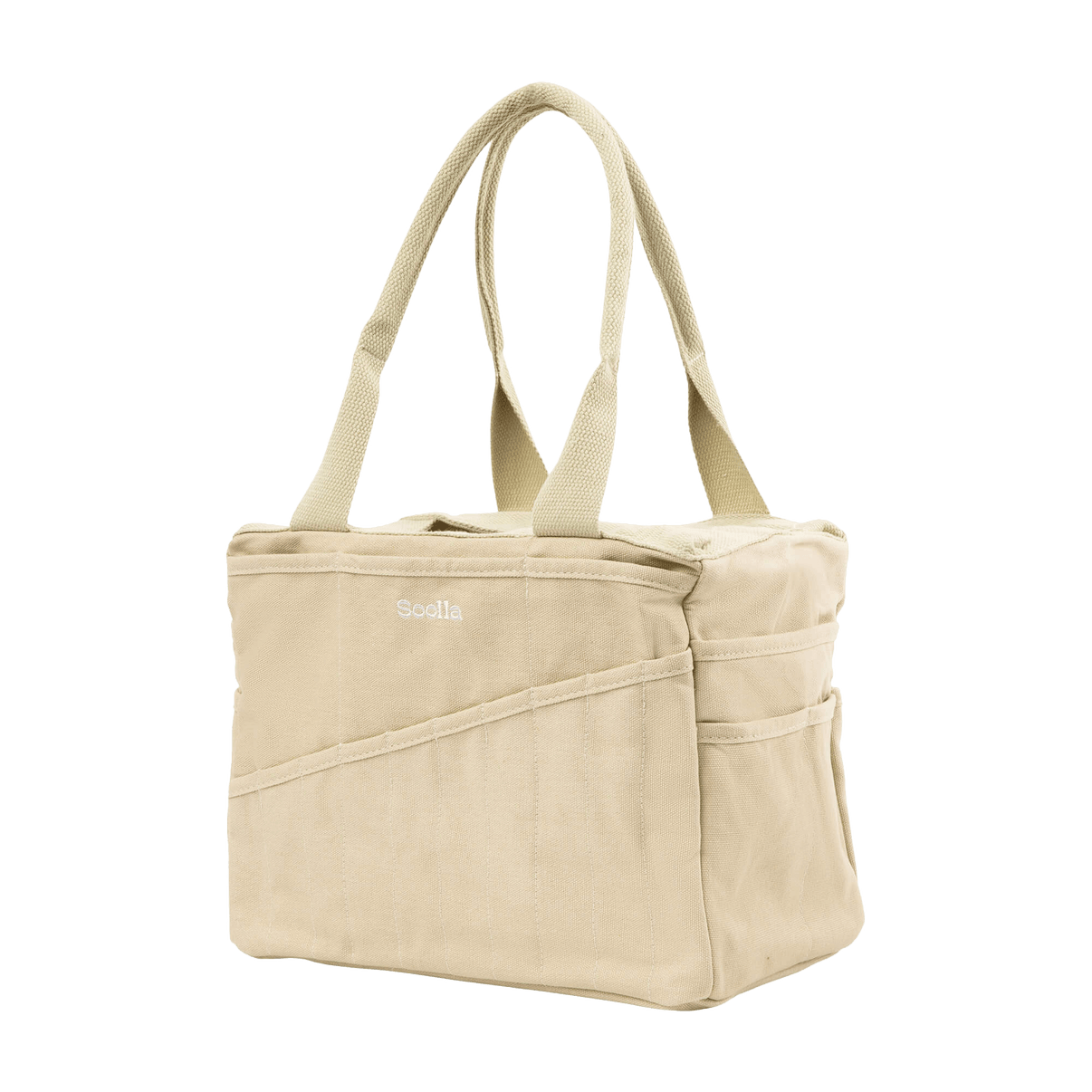 Right side view of Soolla Studio Bag in Boho Beige, a pottery tool bag and artist bag