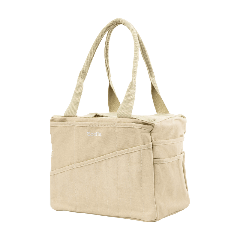 Right side view of Soolla Studio Bag in Boho Beige, a pottery tool bag and artist bag