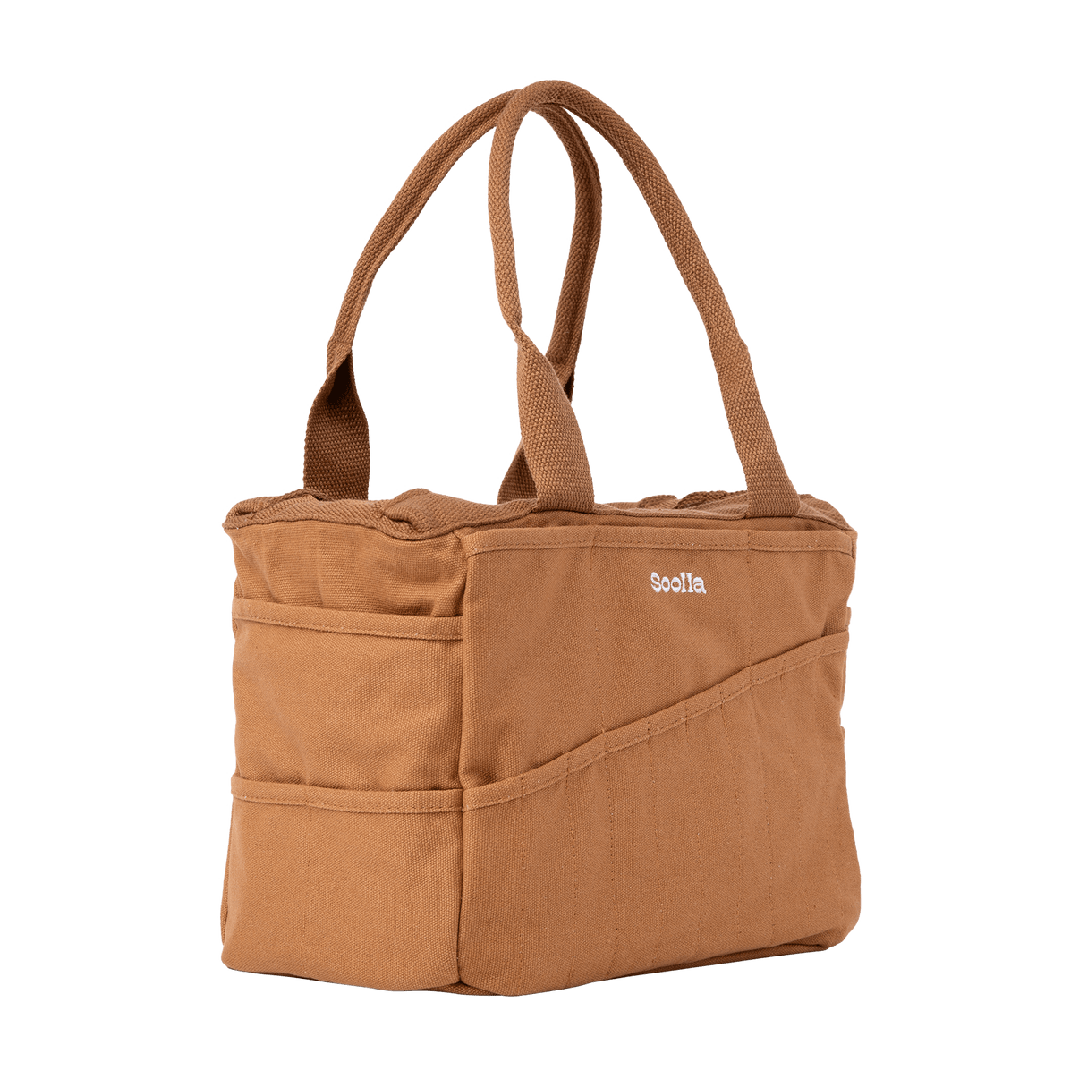 Left side view of Soolla Studio Bag in Cinnamon Brown, a pottery tool bag and artist bag