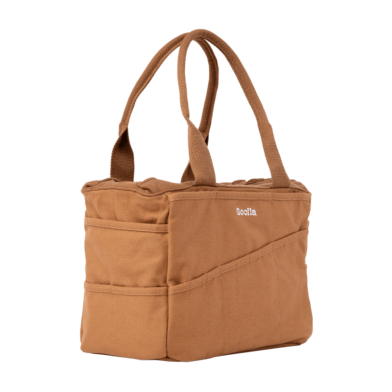Left side view of Soolla Studio Bag in Cinnamon Brown, a pottery tool bag and artist bag