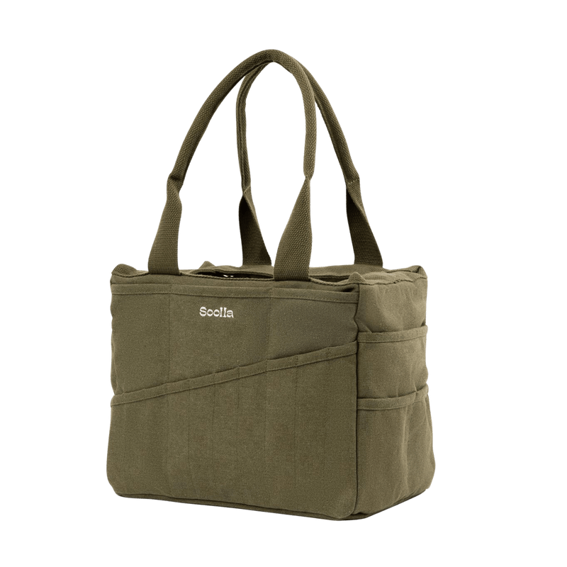 Left side view of Soolla Studio Bag in Deep Forest Green, a pottery tool bag and artist bag