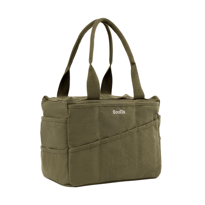 Right side view of Soolla Studio Bag in Deep Forest Green, a pottery tool bag and artist bag
