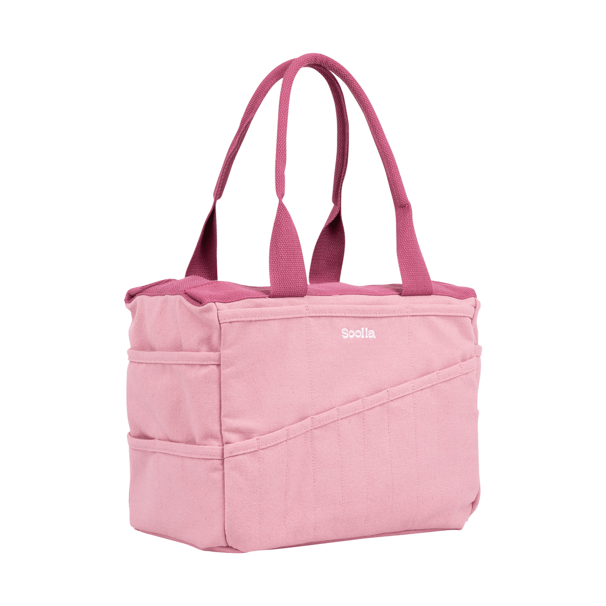 Left side view of Soolla Studio Bag in Desert Rose, an artist bag for pottery, knitting, and crochet supplies