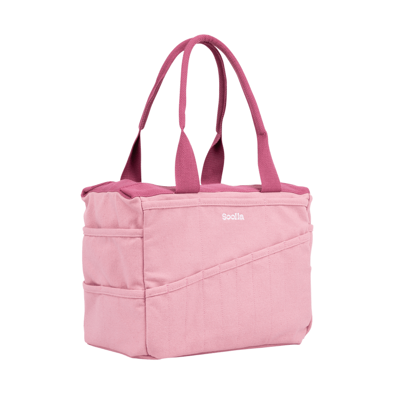 Left side view of Soolla Studio Bag in Desert Rose, an artist bag for pottery, knitting, and crochet supplies