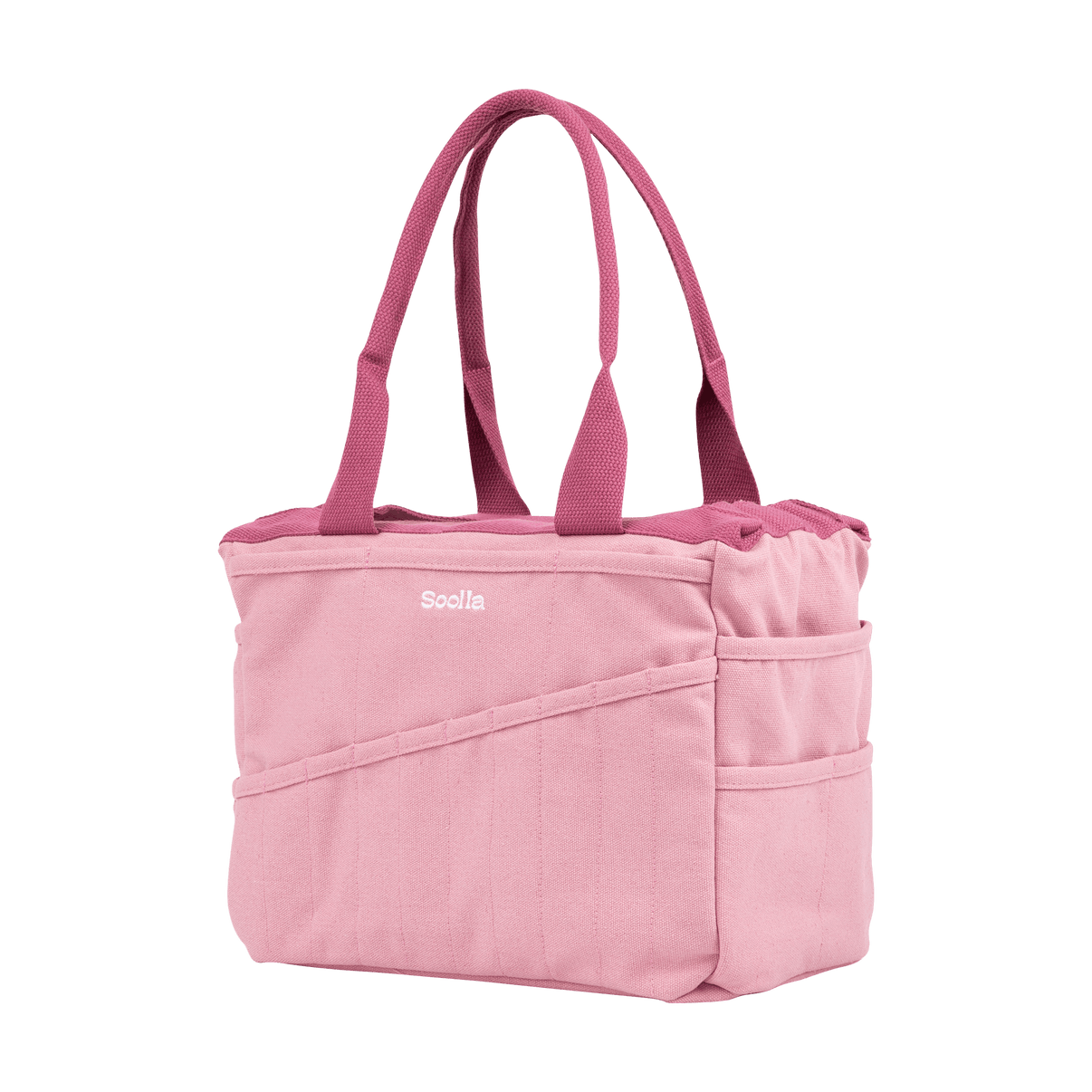 Right side view of Soolla Studio Bag in Desert Rose, an artist bag for pottery, knitting, and crochet supplies