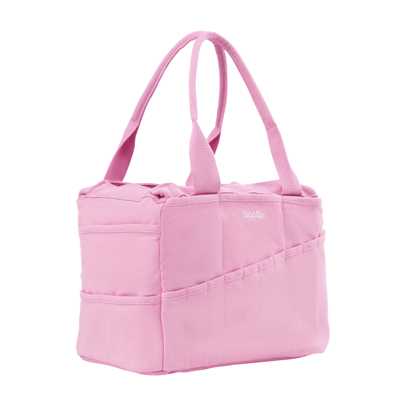 Left side view of Soolla Studio Bag in Flirty Flamingo, a pottery tool bag and artist bag