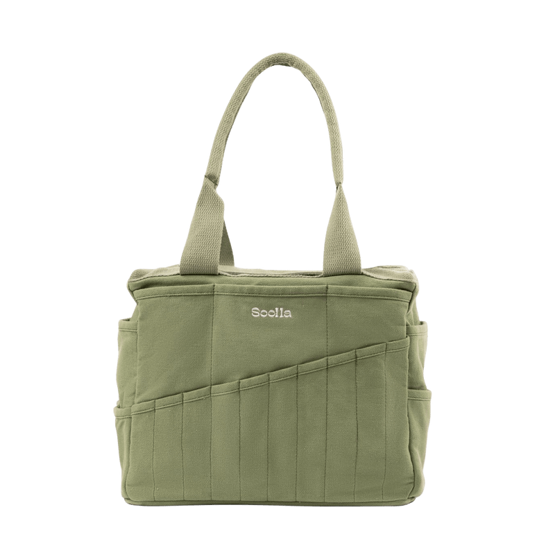 Front view of Soolla Studio Bag in Ganja Green, a pottery tool bag and artist bag