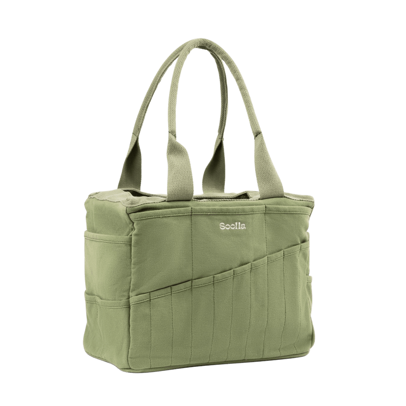 Left side view of Soolla Studio Bag in Ganja Green, a pottery tool bag and artist bag