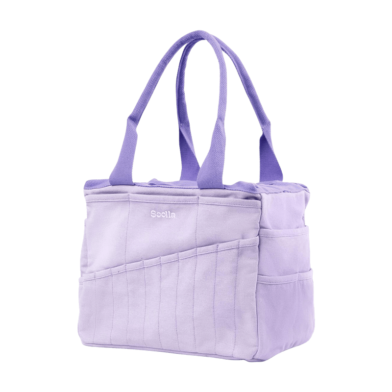 Left side view of Soolla Studio Bag in Lilac Love, a pottery tool bag and artist bag