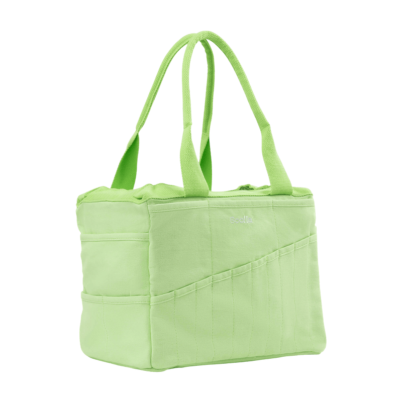 Left side view of Soolla Studio Bag in Lime Drip, a pottery tool bag and artist bag