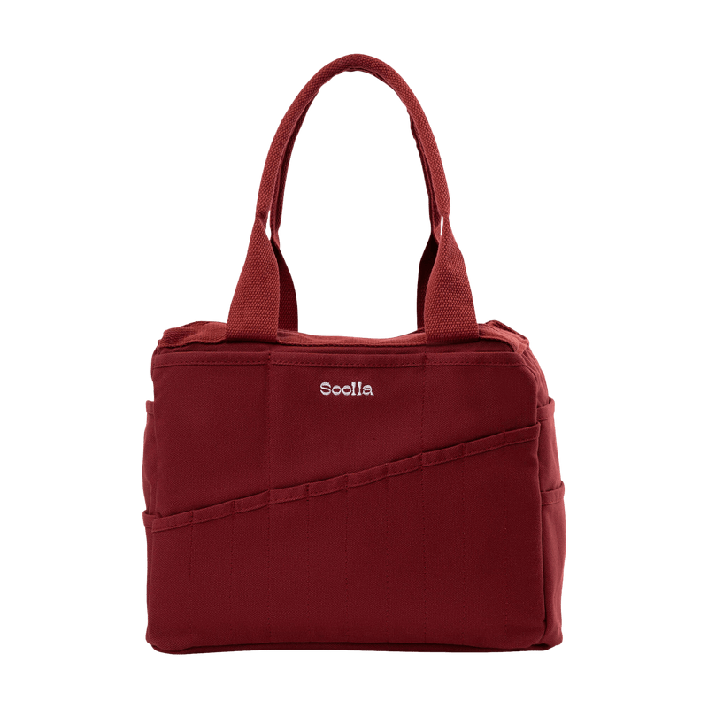 Front view of Soolla Studio Bag in Sangria, a pottery tool bag and artist bag
