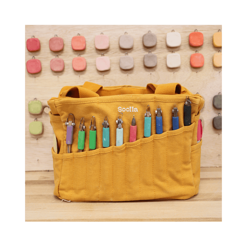 Studio supplies view of Soolla Studio Bag in Sedona, an artist bag for pottery, knitting, and crochet supplies