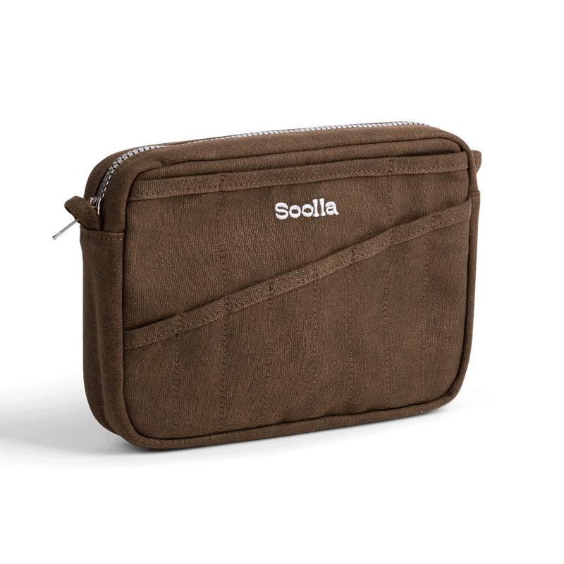 Left side view of Soolla Studio Pouch in Coffee Bean, a stationery pouch and art pouch