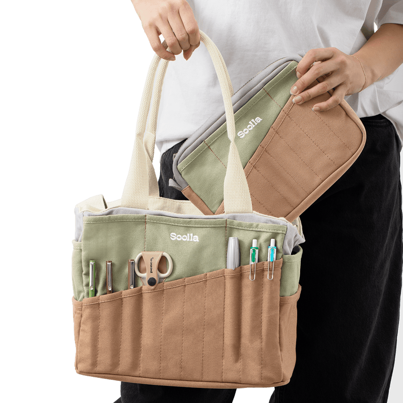 Lifestyle view of Soolla Studio Bag, a pottery tool bag and artist bag
