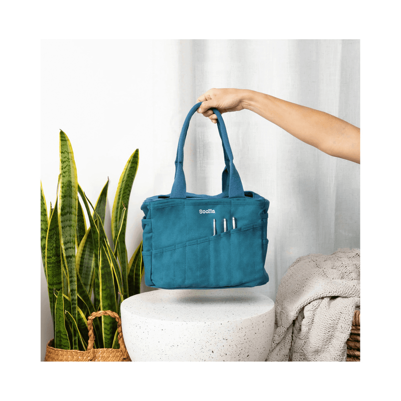 Studio supplies view of Soolla Studio Bag in Aquamarine, an artist bag for pottery, knitting, and crochet supplies