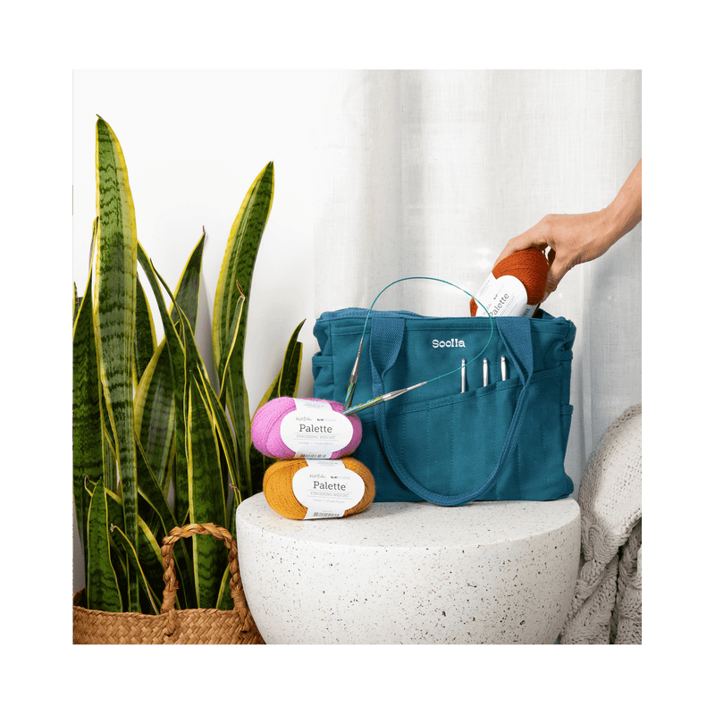 Studio supplies view of Soolla Studio Bag in Aquamarine, an artist bag for pottery, knitting, and crochet supplies