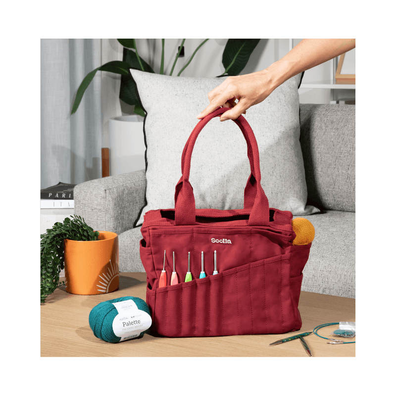 Studio supplies view of Soolla Studio Bag in Sangria, an artist bag for pottery, knitting, and crochet supplies