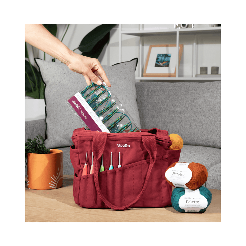Studio supplies view of Soolla Studio Bag in Sangria, an artist bag for pottery, knitting, and crochet supplies