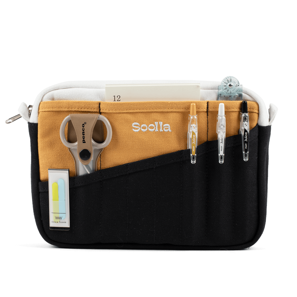 Front view of Soolla Studio Pouch in Samplehaus, a stationery pouch and art pouch