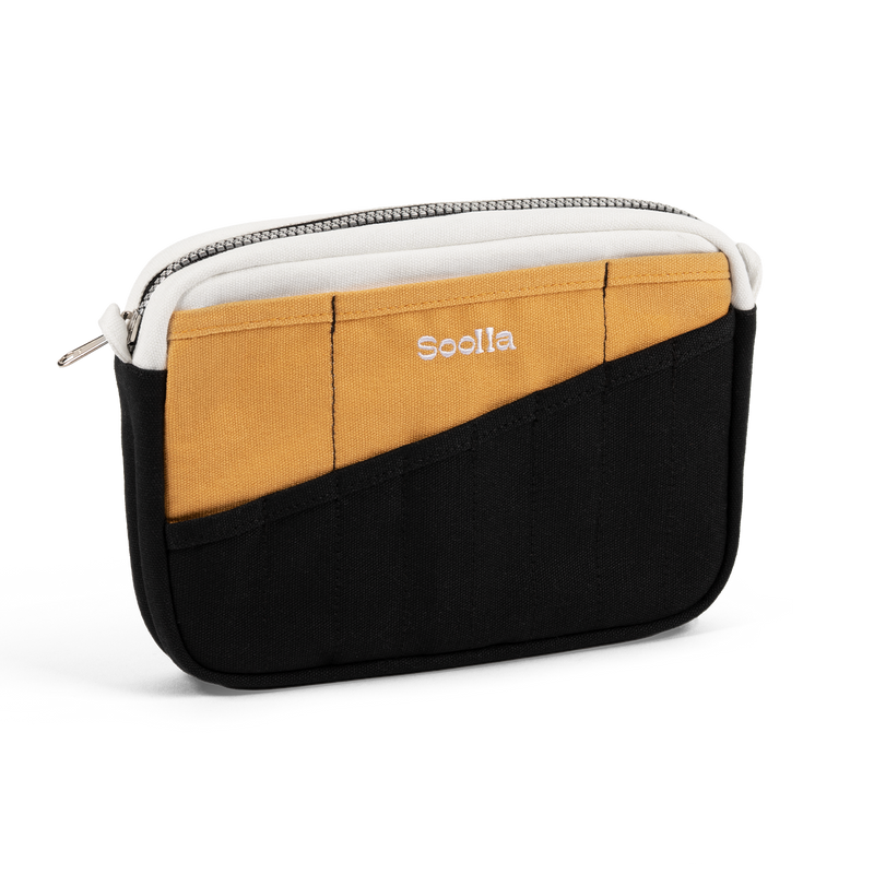 Left side view of Soolla Studio Pouch in Samplehaus, a stationery pouch and art pouch