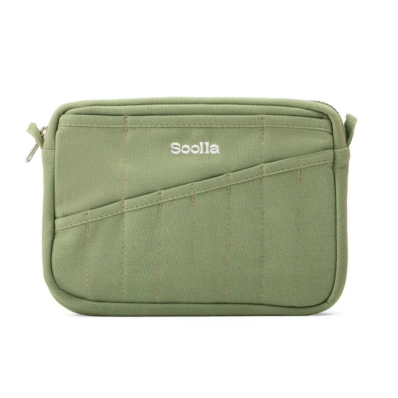 Front view of Soolla Studio Pouch in Ganja Green, a pencil pouch and stationery pouch for pens and art supplies