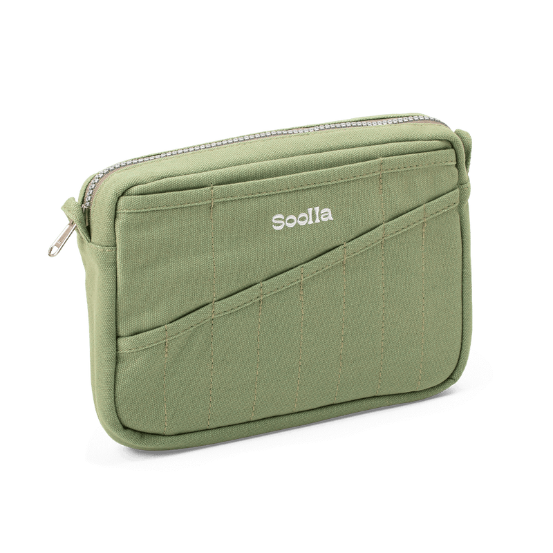 Left side view of Soolla Studio Pouch in Ganja Green, a stationery pouch and art pouch
