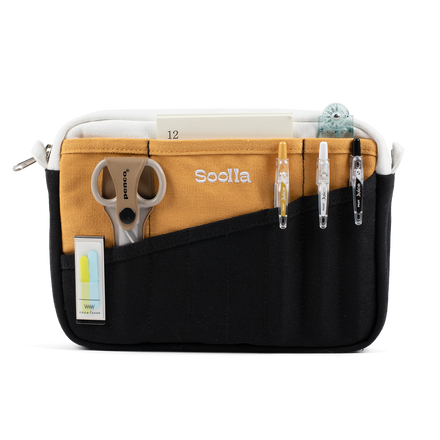 Studio supplies view of Soolla Studio Pouch in SampleHAUS, a pen pouch and soft pencil case for stationery and art supplies