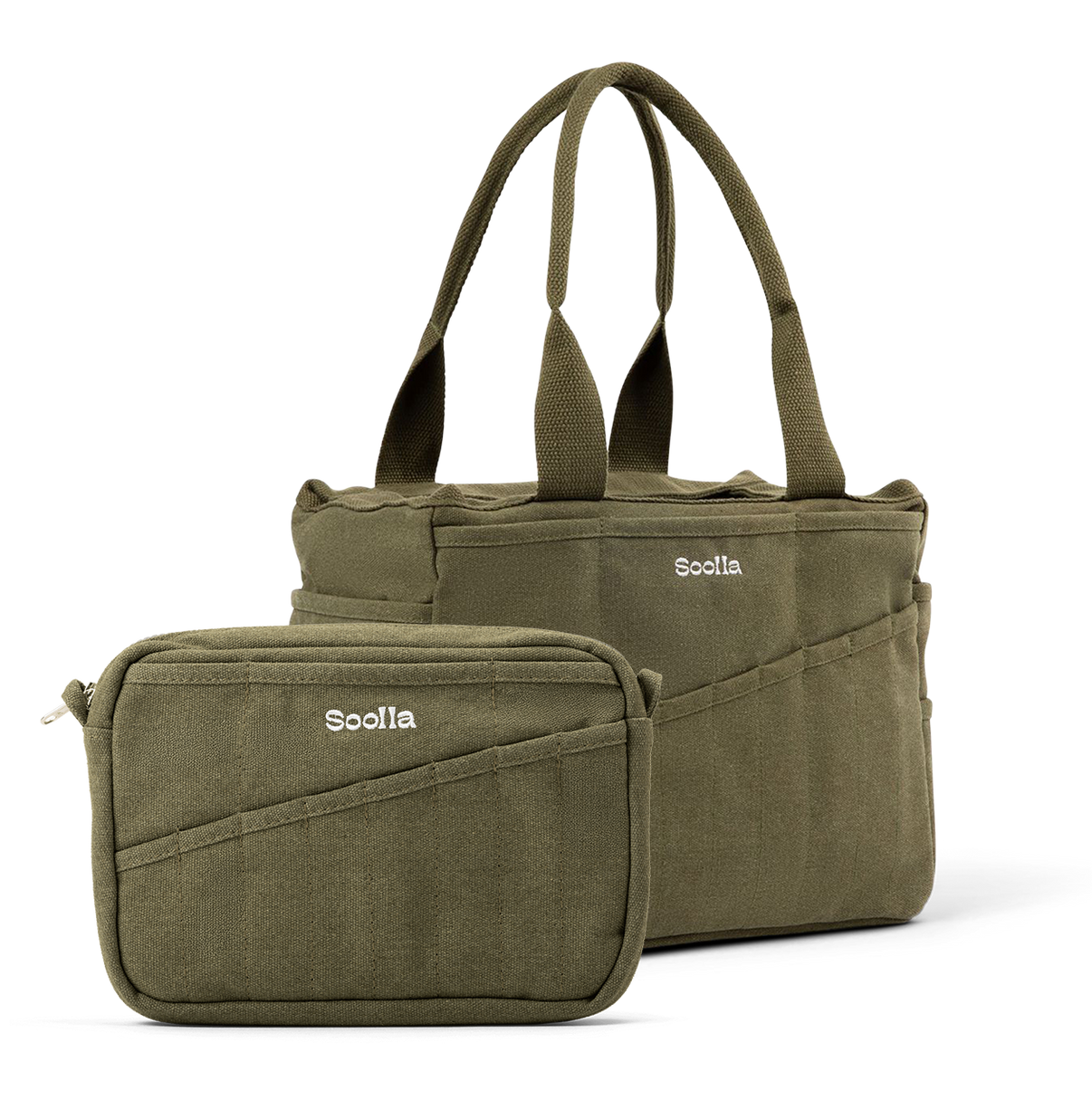 Bundle view of Soolla Studio Bag and Studio Pouch bundle in Deep Forest Green, for pottery tools and stationery