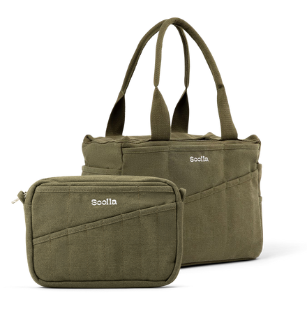Bundle view of Soolla Studio Bag and Studio Pouch bundle in Deep Forest Green, for pottery tools and stationery