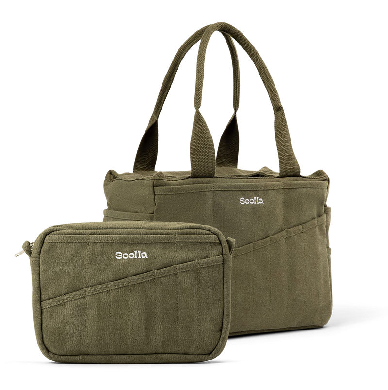 Bundle view of Soolla Studio Bag and Studio Pouch bundle in Deep Forest Green, for pottery tools and stationery