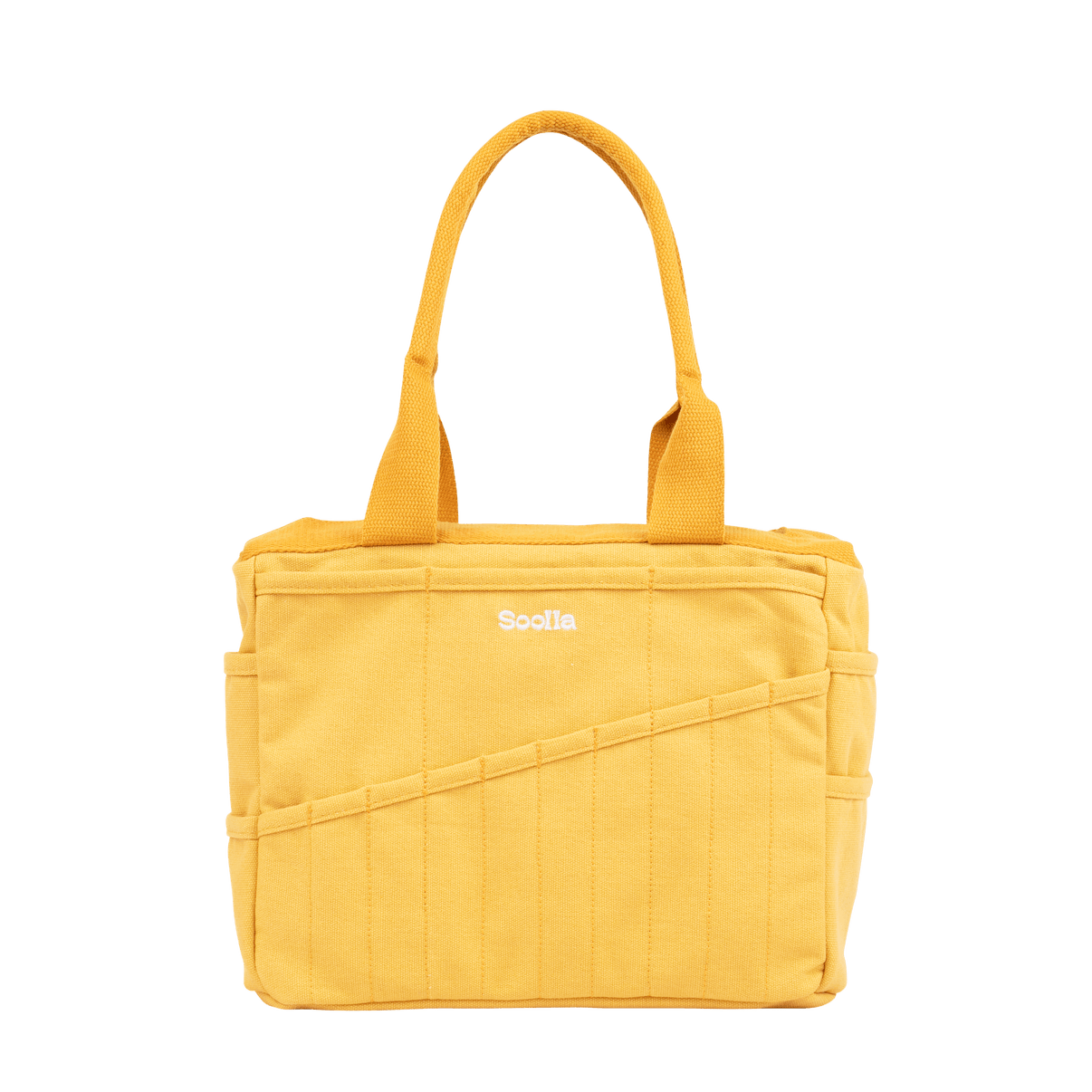Front view of Soolla Studio Bag in Sunset Mustard, a pottery tool bag and artist bag