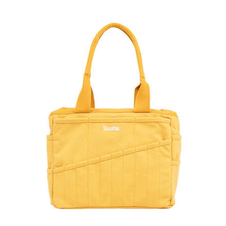 Front view of Soolla Studio Bag in Sunset Mustard, a pottery tool bag and artist bag