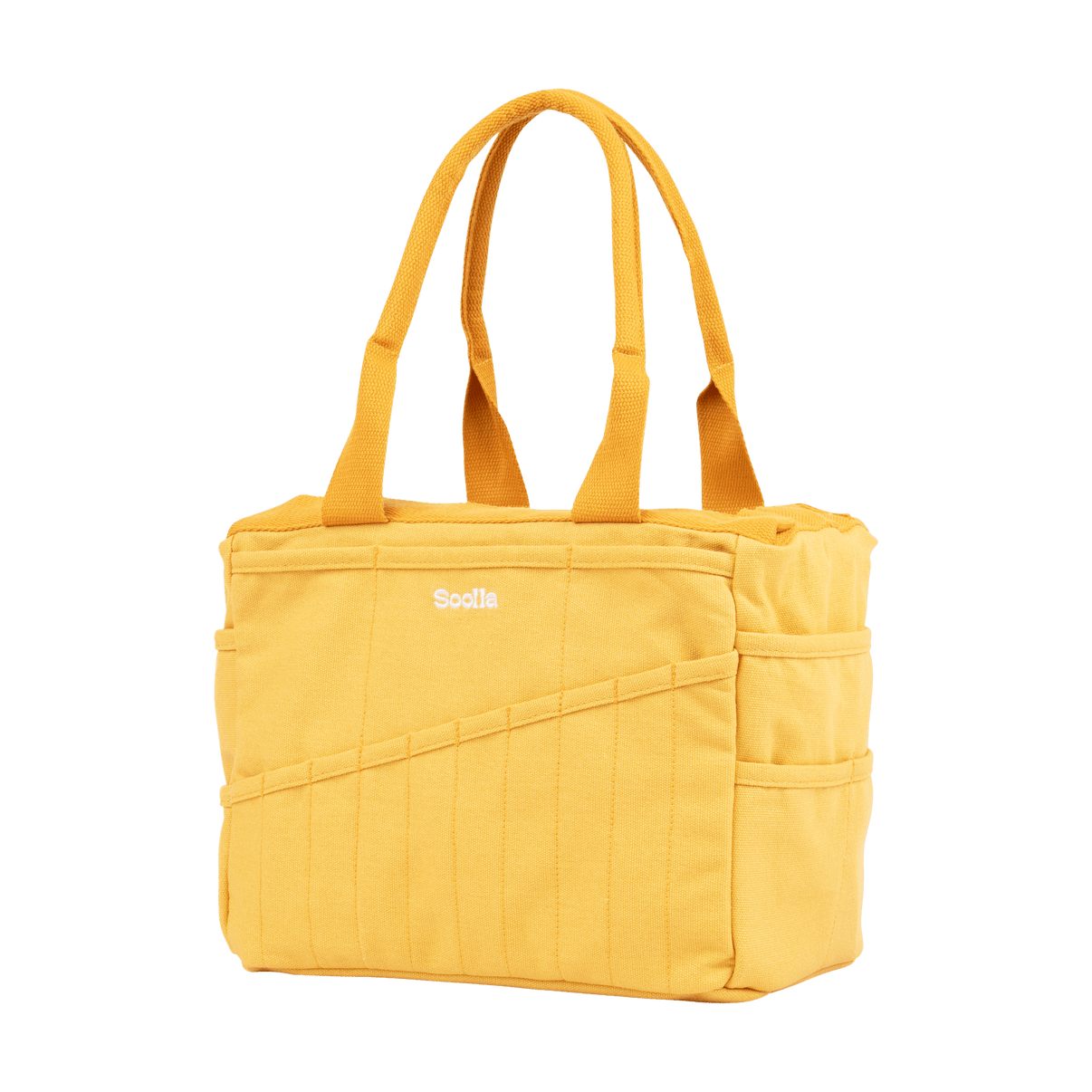 Right side view of Soolla Studio Bag in Sunset Mustard, a pottery tool bag and artist bag
