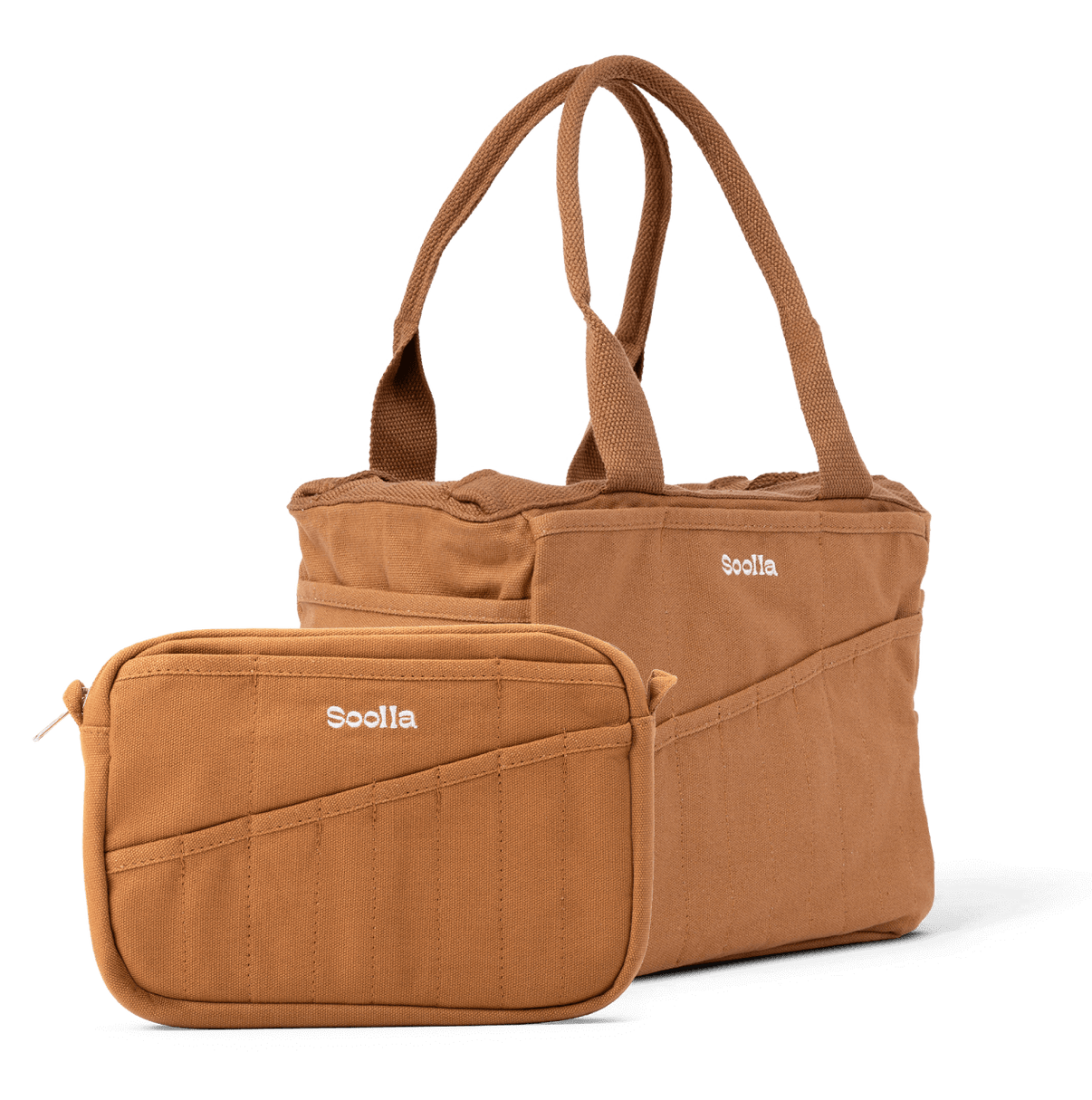 Bundle view of Soolla Studio Pouch in Cinnamon Brown, a stationery pouch and art pouch